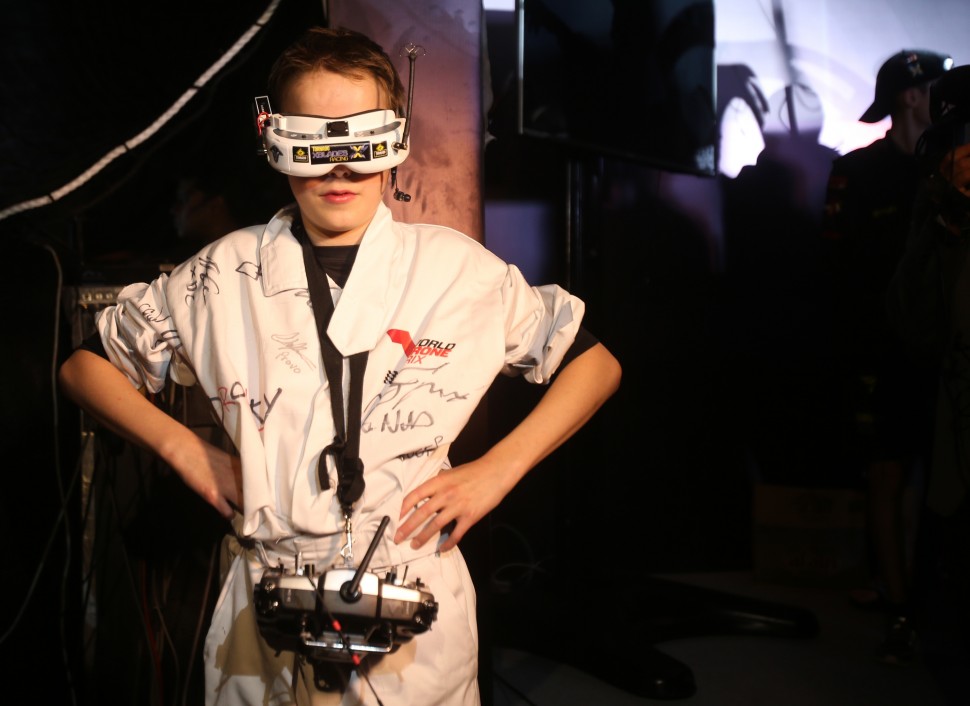 Luke Bannister of Somerset, a 15 year old British pilot of Bannisters team, Tornado X-Blades Banni UK, takes part at the World Drone Prix in Dubai, United Arab Emirates, Saturday, March 12, 2016. (AP Photo/Kamran Jebreili)