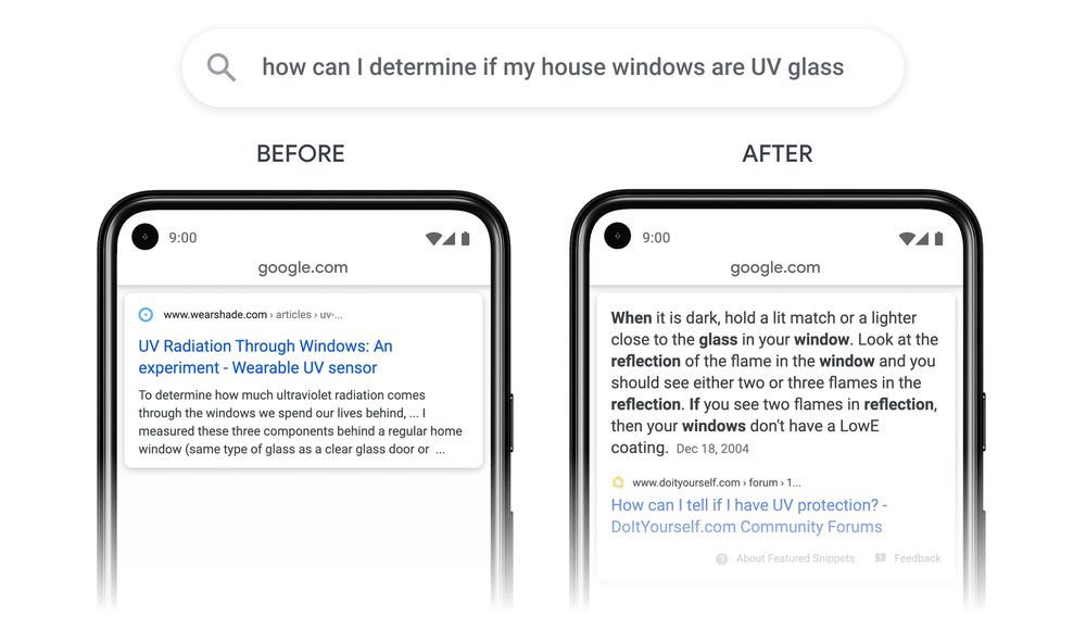 Imagem mostrando o antes e o depois da mudança nas buscas específicas. Uma busca sobre como saber se as janelas têm proteção UV antes retornava um link genérico sobre proteção UV em janelas. Agora, retorna um resultado específico mostrando como saber se uma janela tem proteção UV.