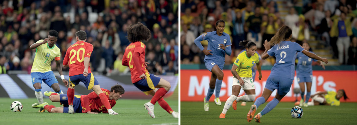 Times europeus passam mais tempo no ataque, como a Espanha (à esq., em amistoso contra o Brasil neste ano); a seleção brasileira feminina sofre pela estatura menor (à dir., em derrota contra a França em 2023)