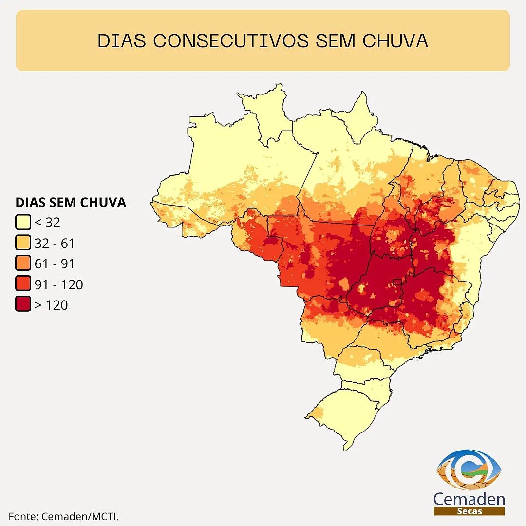 Mapa mostra cidades com mais dias sem chuva