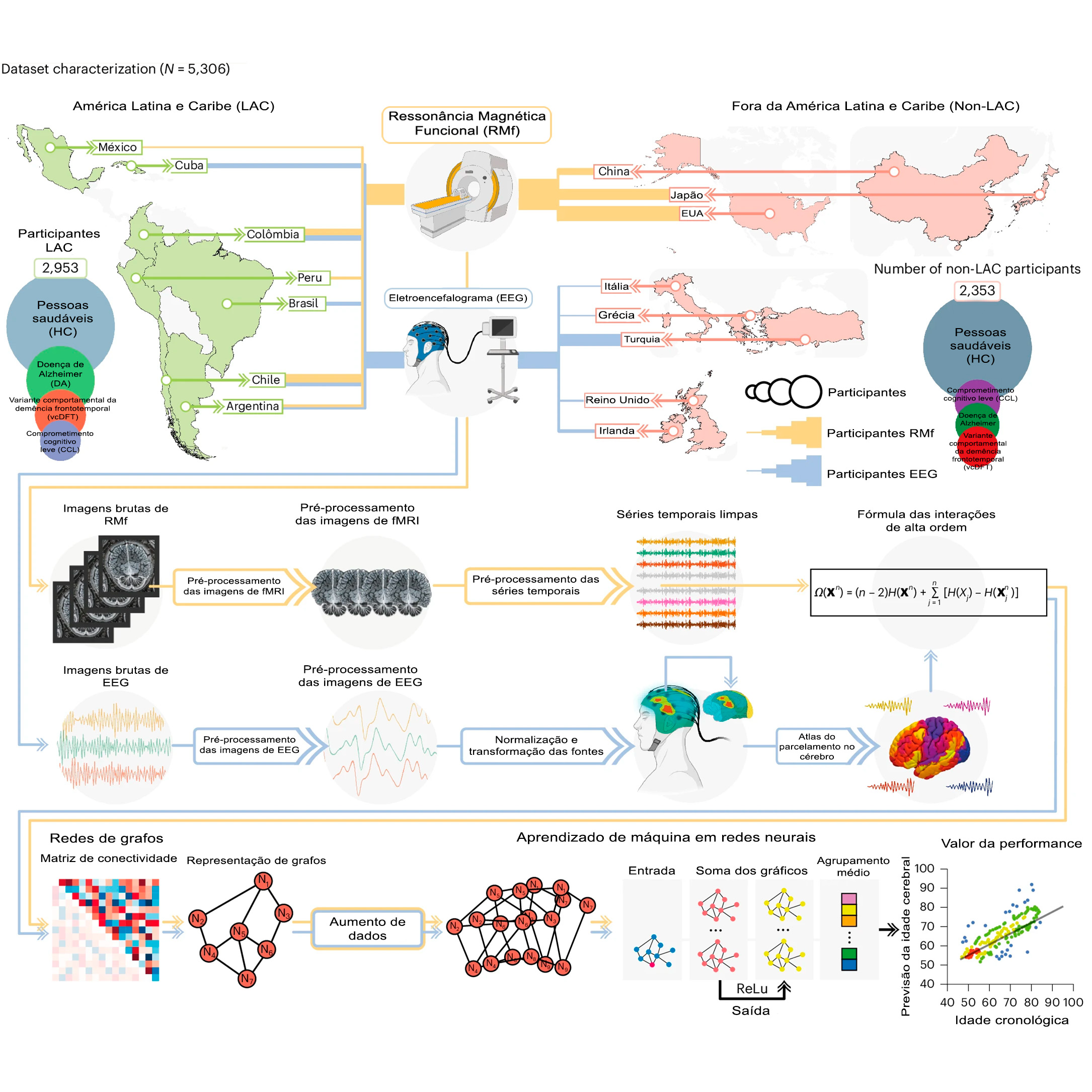 Elaboração dos “relógios cerebrais? com base nos exames de Eletroencefalograma (EEG) e Ressonância Magnética Funcional (RMf) na América Latina e Caribe (LAC) e em outros países fora da região (non-LAC), cujas dados são processados para obtenção, por meio de aprendizado de máquina, de um algoritmo que faz o cálculo da diferença entre a idade cerebral e a cronológica ?Imagem: extraída do artigo